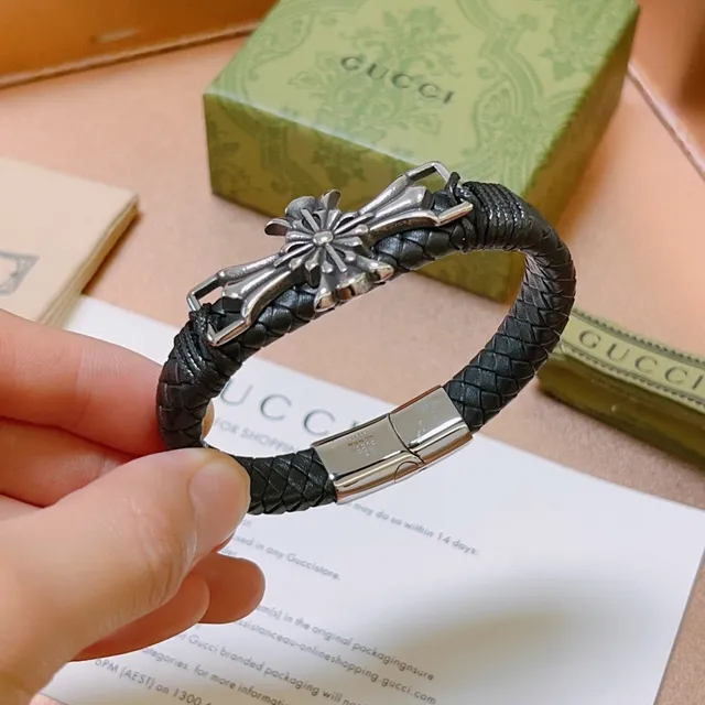 Gucci Black Silver Braided Leather Metal Cross Motif Bracelet 3
