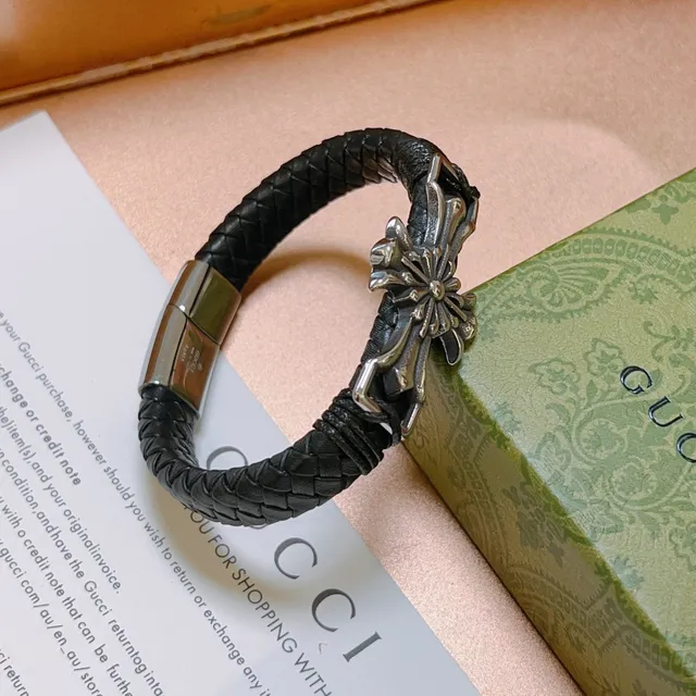 Gucci Black Silver Braided Leather Metal Cross Motif Bracelet 5