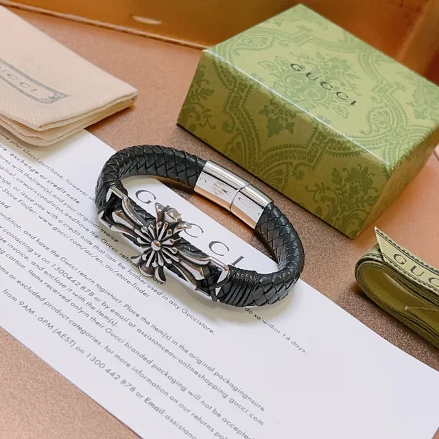 Gucci Black Silver Braided Leather Metal Cross Motif Bracelet 6