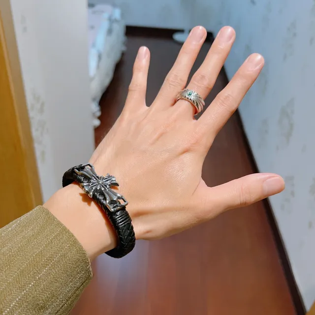 Gucci Black Silver Braided Leather Metal Cross Motif Bracelet 7