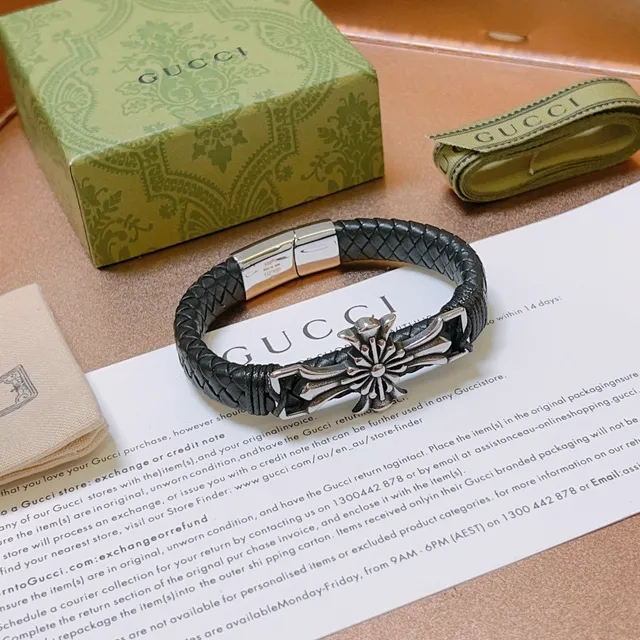 Gucci Black Silver Braided Leather Metal Cross Motif Bracelet 8