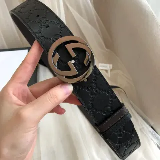 Gucci Black Silver Embossed GG Monogram Polished Double G Buckle Leather Belt