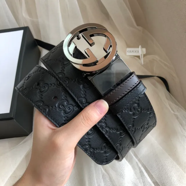 Gucci Black Silver Embossed GG Monogram Polished Double G Buckle Leather Belt 2
