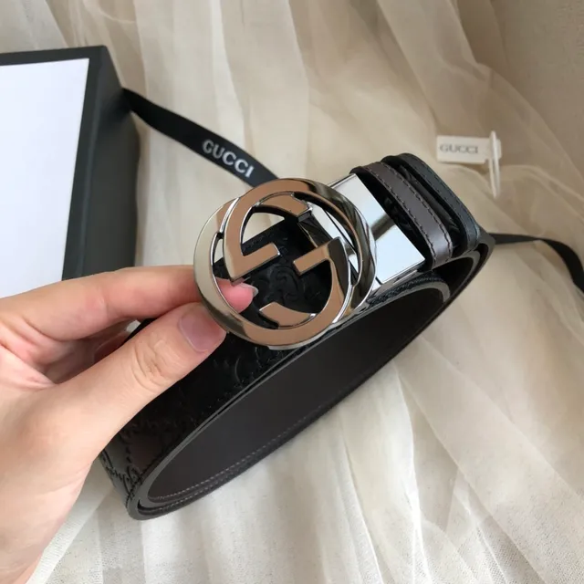 Gucci Black Silver Embossed GG Monogram Polished Double G Buckle Leather Belt 3