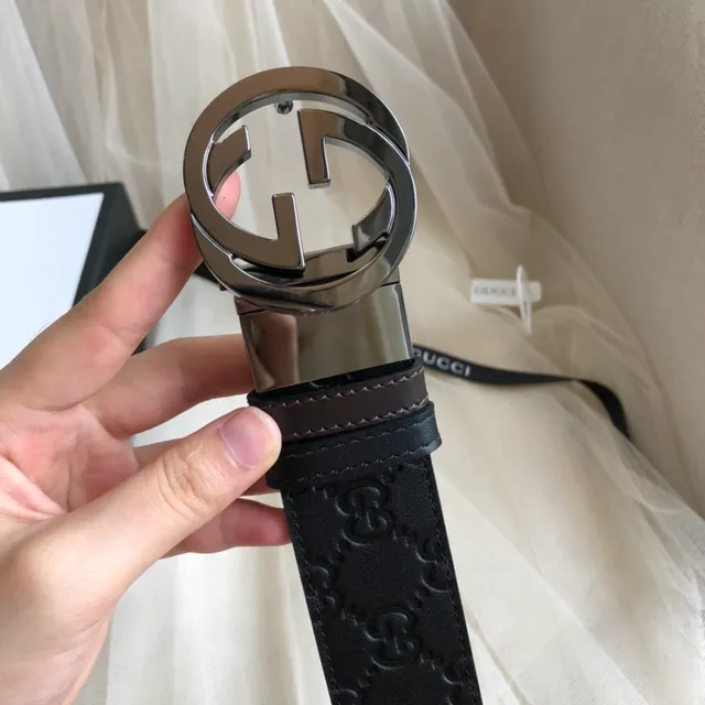 Gucci Black Silver Embossed GG Monogram Polished Double G Buckle Leather Belt 4