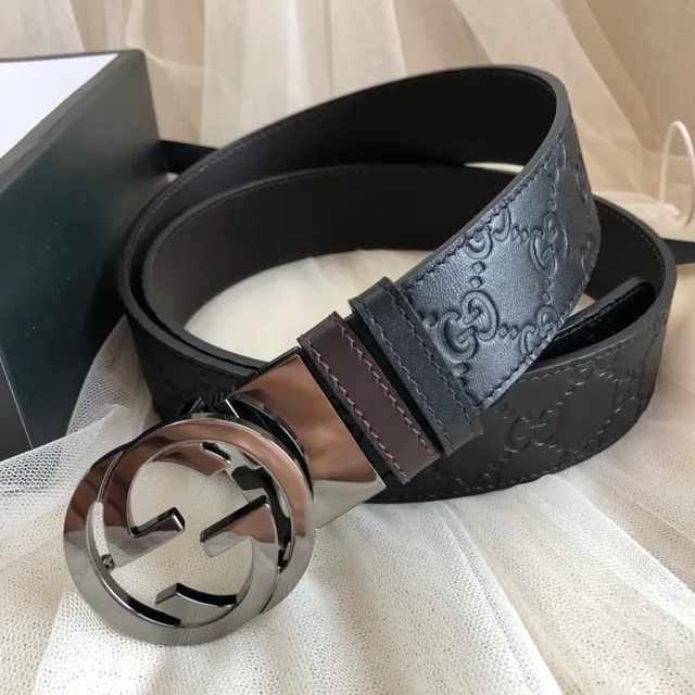 Gucci Black Silver Embossed GG Monogram Polished Double G Buckle Leather Belt 5