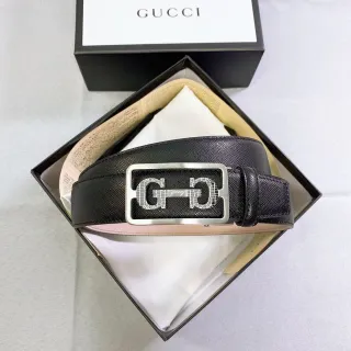 Gucci Black Silver Interlocking Double G Buckle Crocodile-Embossed Detail Leather Belt