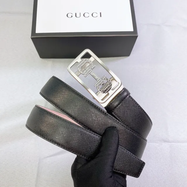 Gucci Noir Argent Interlocking Double G Buckle Crocodile-Embossed Detail Ceinture en Cuir 3
