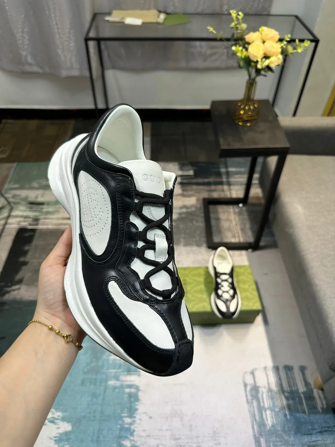 Gucci Black White Layered Leather Perforated Side Panel Lifestyle Sneakers 6