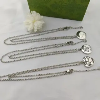 Gucci Blind for Love and Tiger Silver Ball Chain Engraved Circular Pendant Necklace