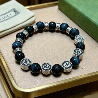 Gucci Blue Silver Beaded Logo-Engraved Bracelet
