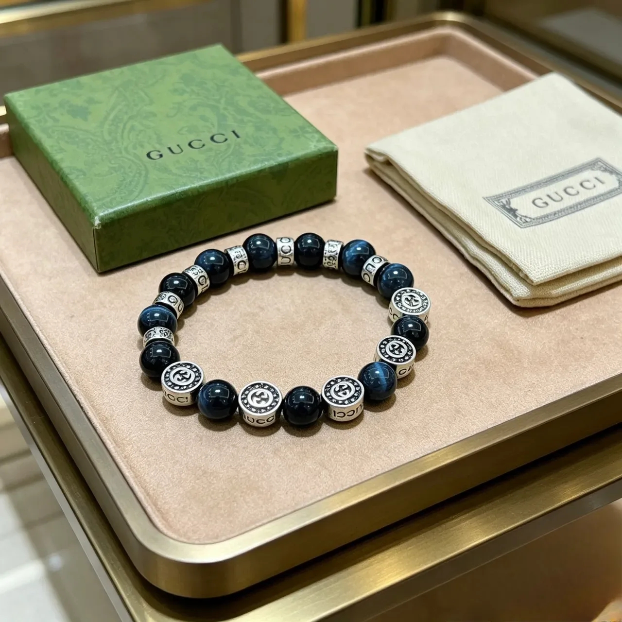 Gucci Blue Silver Beaded Logo-Engraved Bracelet 2