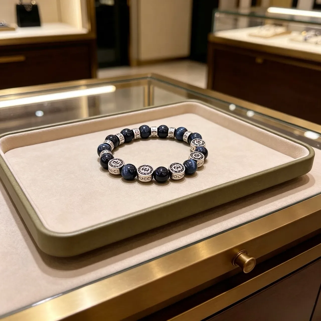 Gucci Blue Silver Beaded Logo-Engraved Bracelet 4