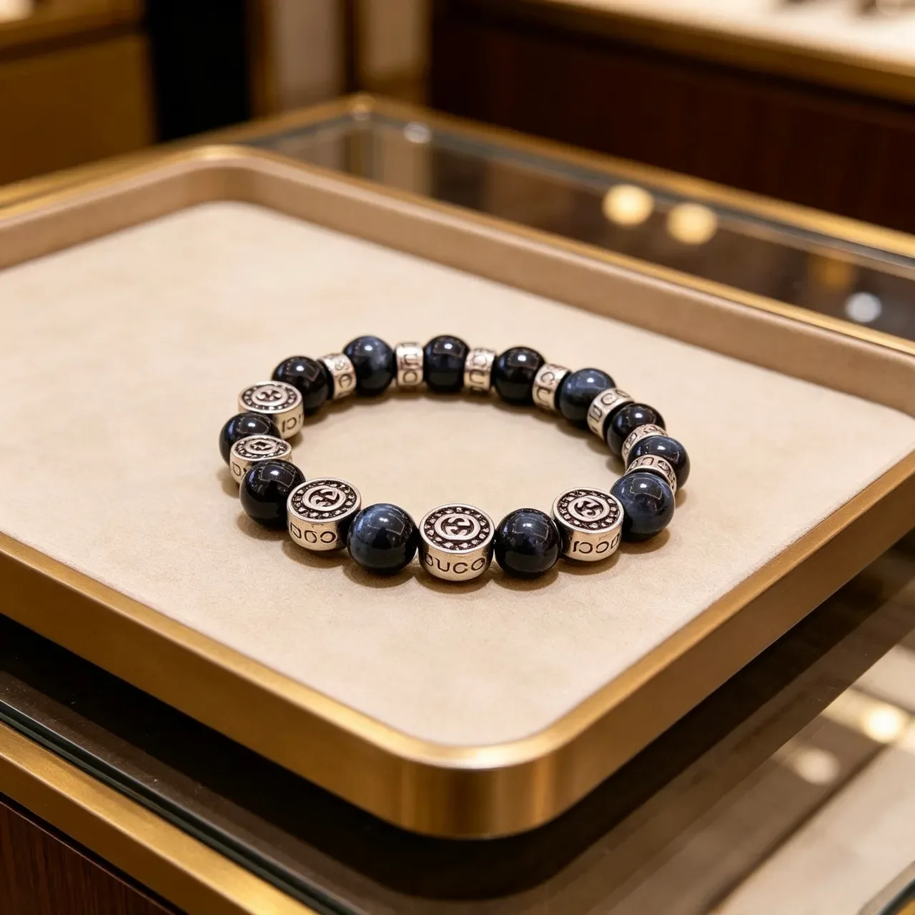 Gucci Blue Silver Beaded Logo-Engraved Bracelet 5