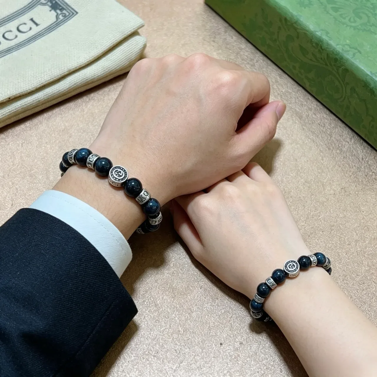 Gucci Blue Silver Beaded Logo-Engraved Bracelet 6