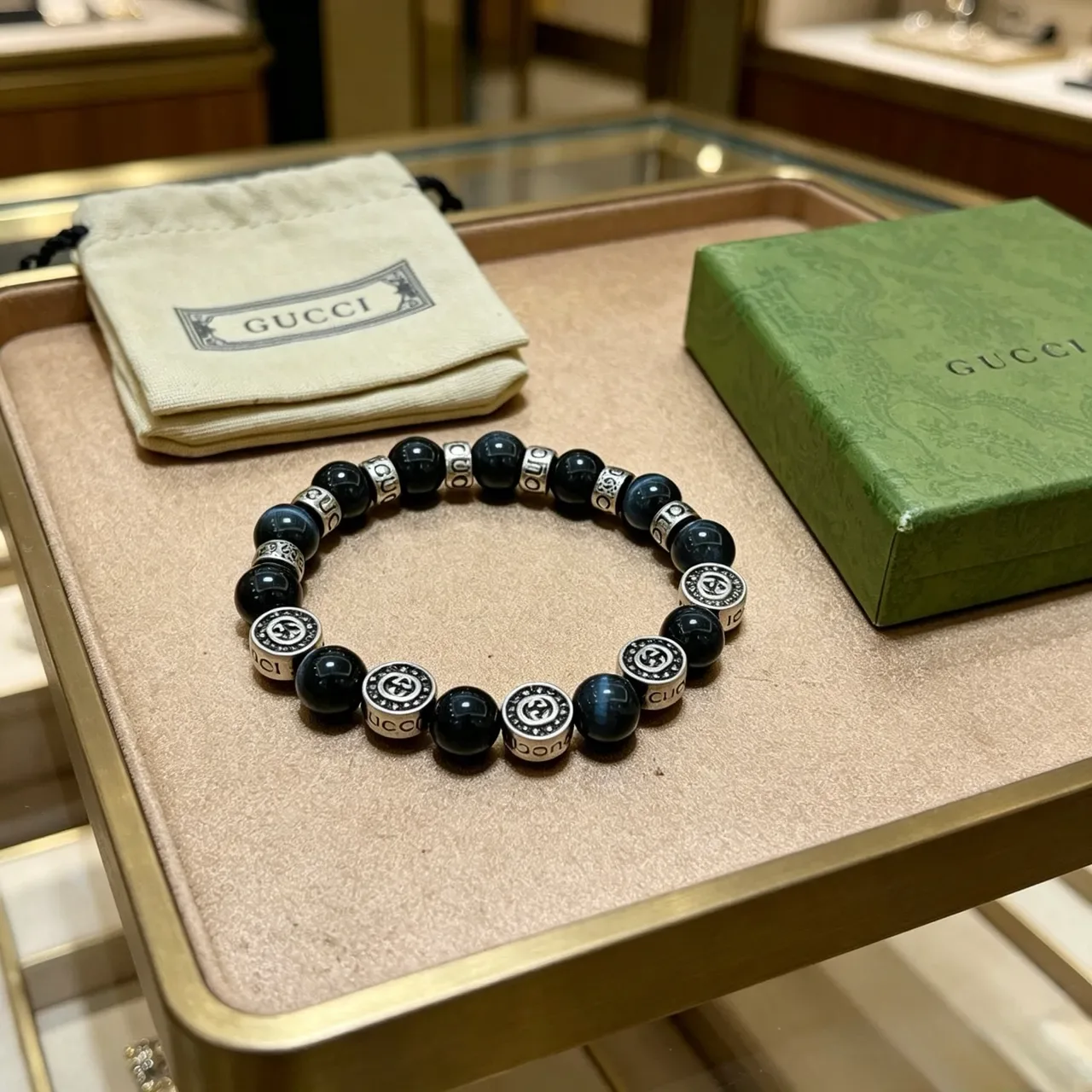 Gucci Blue Silver Beaded Logo-Engraved Bracelet 7
