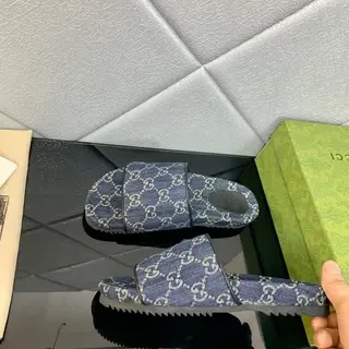 Gucci Blue White GG Monogram Print Denim-Textured Upper Slippers