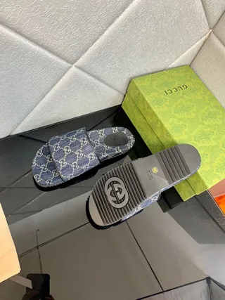 Gucci Blue White GG Monogram Print Denim-Textured Upper Slippers 7