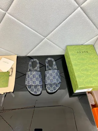 Gucci Blue White GG Monogram Print Denim-Textured Upper Slippers 8