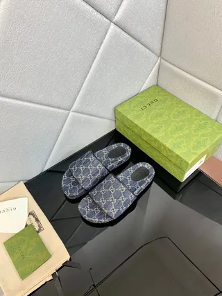 Gucci Blue White GG Monogram Print Denim-Textured Upper Slippers 9