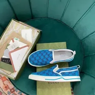 Gucci Blue White Slip-On GG Monogram Canvas Lifestyle Sneakers