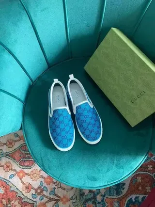 Gucci Blue White Slip-On GG Monogram Canvas Lifestyle Sneakers 2
