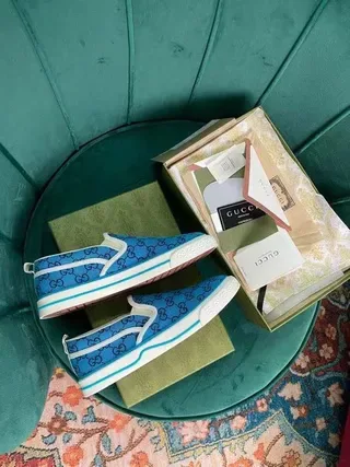 Gucci Blue White Slip-On GG Monogram Canvas Lifestyle Sneakers 8