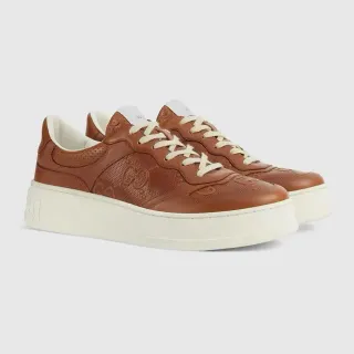 Gucci Brown Beige Perforated Leather Embossed GG Logo Lifestyle Sneakers