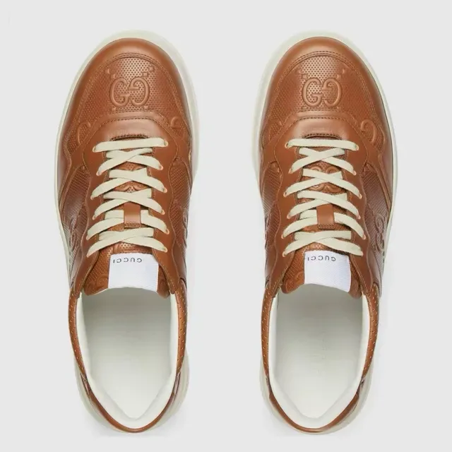Gucci Brown Beige Perforated Leather Embossed GG Logo Lifestyle Sneakers 2