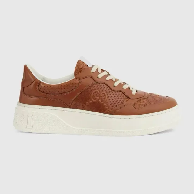 Gucci Brown Beige Perforated Leather Embossed GG Logo Lifestyle Sneakers 3