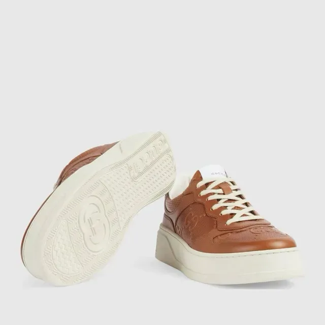 Gucci Brown Beige Perforated Leather Embossed GG Logo Lifestyle Sneakers 5