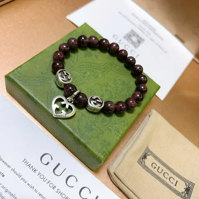 Gucci Burgundy Silver Beaded Interlocking G Charms Bracelet 3