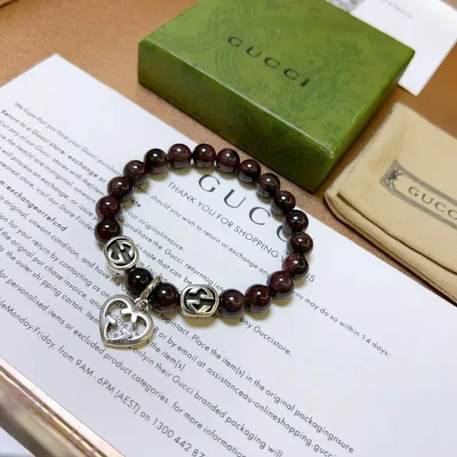 Gucci Burgundy Silver Beaded Interlocking G Charms Bracelet 6