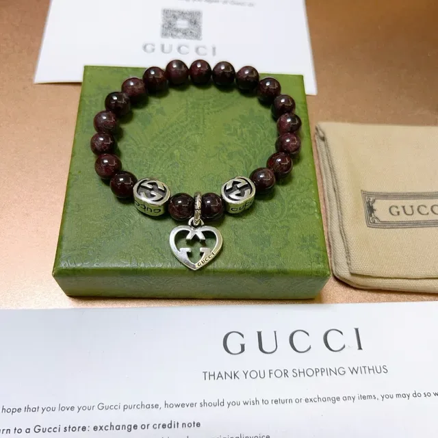 Gucci Burgundy Silver Beaded Interlocking G Charms Bracelet 7