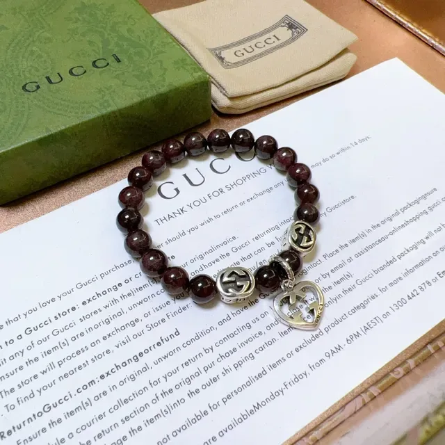 Gucci Burgundy Silver Beaded Interlocking G Charms Bracelet 9