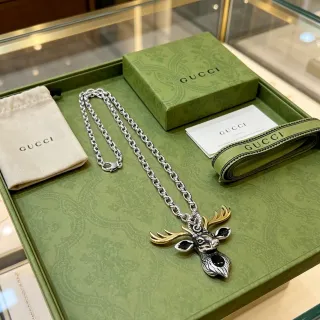 Gucci Deer Head Silver Gold Two-Tone Metal Black Enamel Accents Necklace
