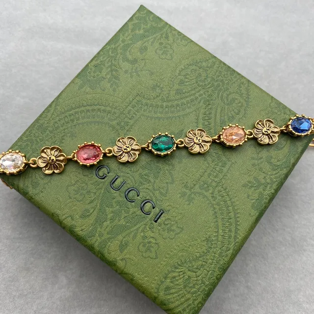 Gucci Dionysus Gold Multicolor Curb Chain Floral-Link Motifs Bracelet 4