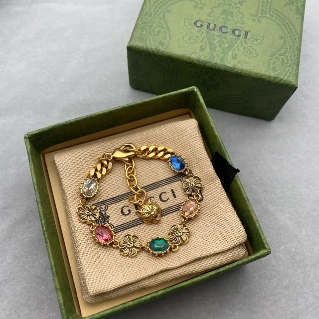 Gucci Dionysus Gold Multicolor Curb Chain Floral-Link Motifs Bracelet 6