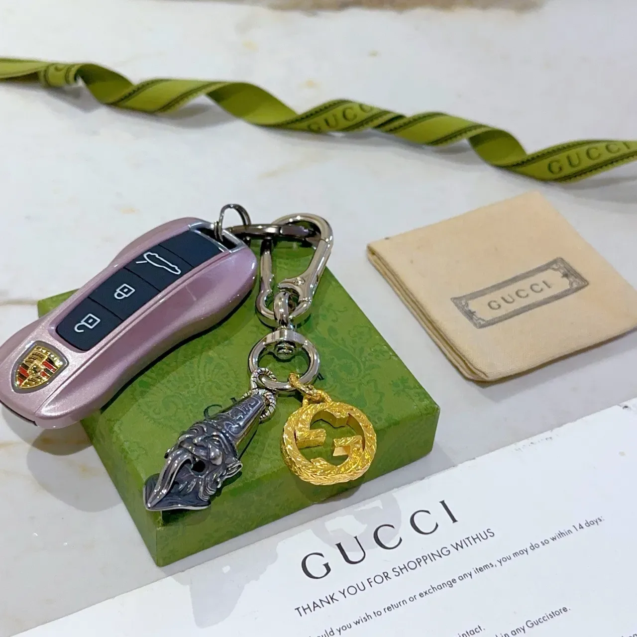 Gucci Dionysus Pink Gold Metallic Car Key Cover Interlocking G Charm Jewelry 3