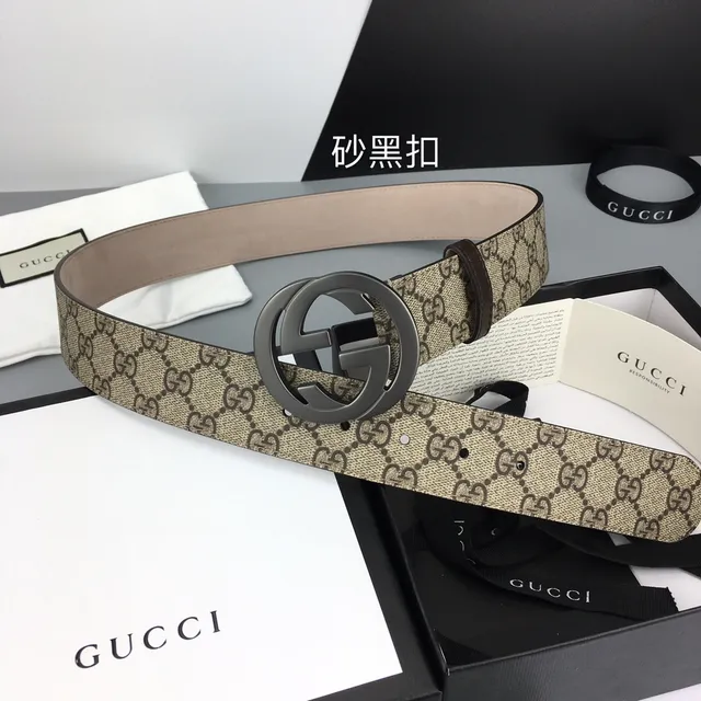 Gucci Double G Belt Beige Brown GG Monogram Canvas Interlocking Buckle Leather Belt 2