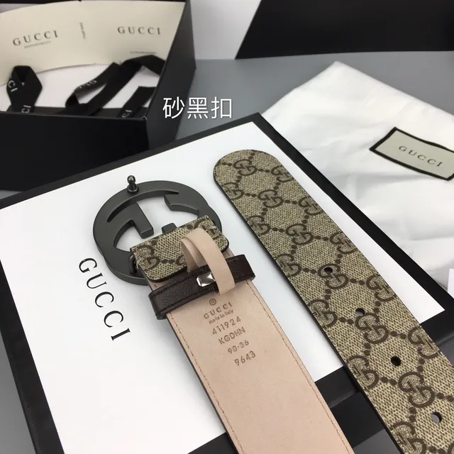 Gucci Double G Belt Beige Brown GG Monogram Canvas Interlocking Buckle Leather Belt 8