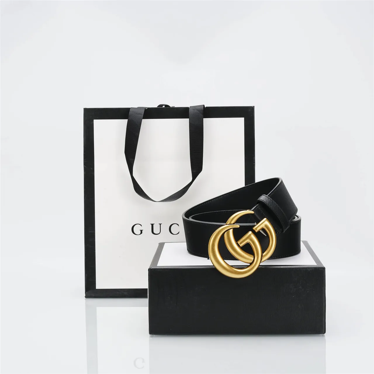 Gucci Double G Belt Black Leather Gold-Tone Buckle Leather Belt 9