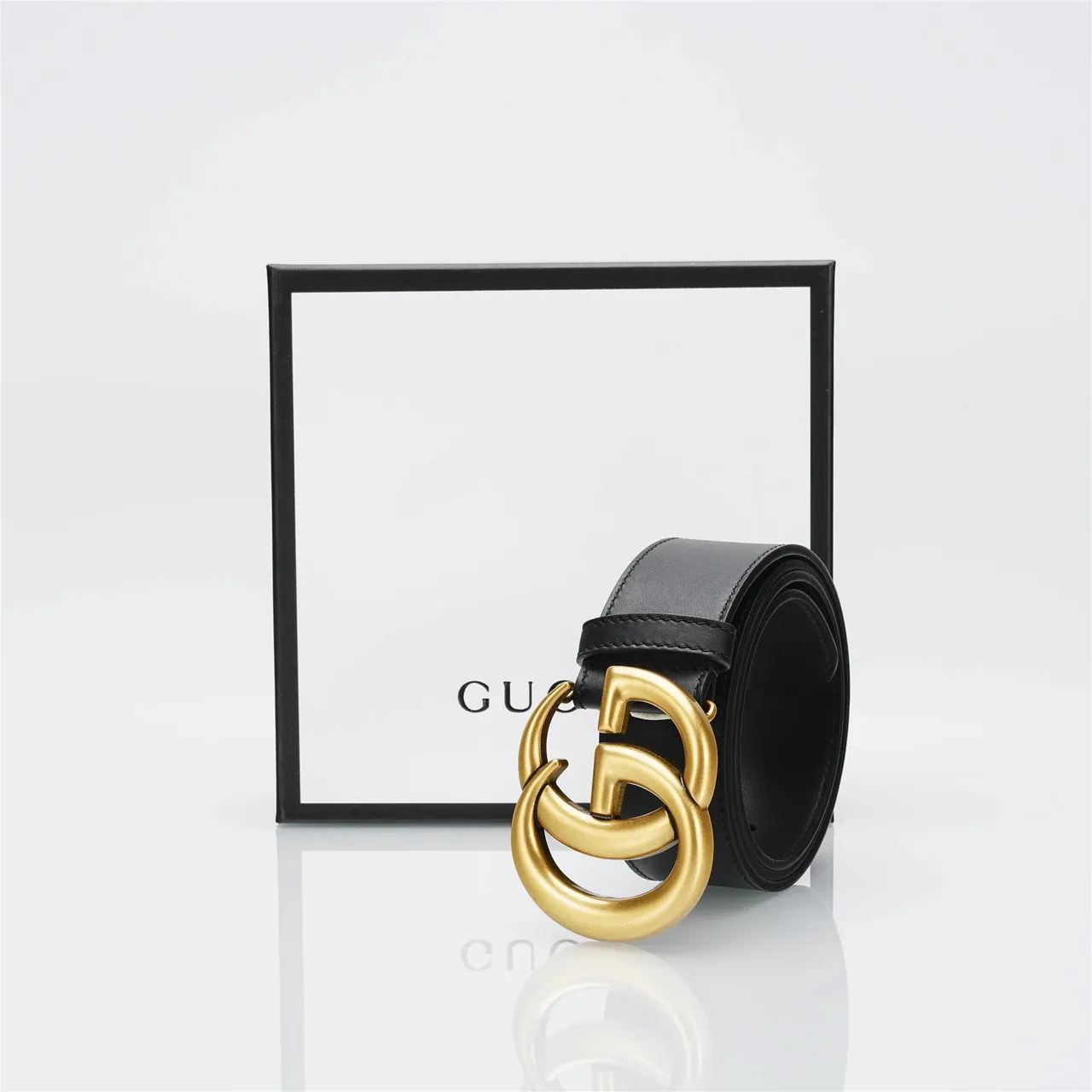 Gucci Double G Belt Black Leather Gold-Tone Buckle Leather Belt 10