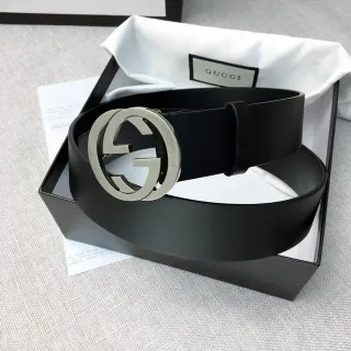 Gucci Double G Belt Black Silver Interlocking Buckle Smooth Leather Belt