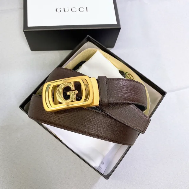 Gucci Double G Belt Brown Textured Leather Gold-Tone Buckle Leather Belt 2