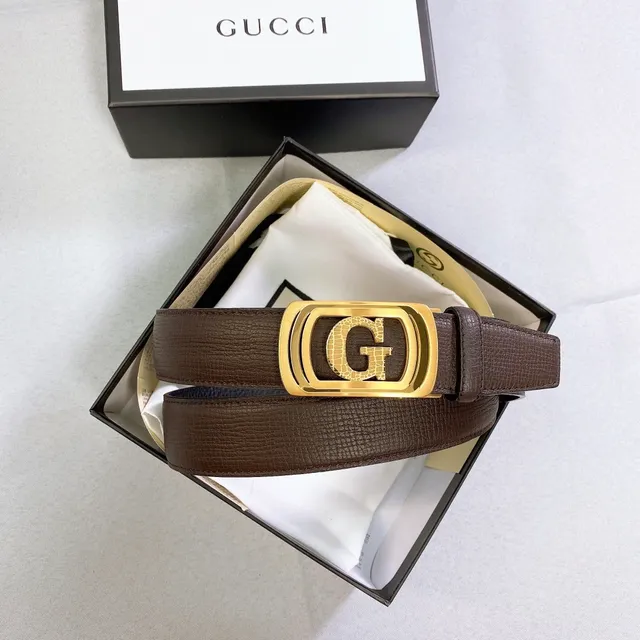 Gucci Double G Belt Brown Textured Leather Gold-Tone Buckle Leather Belt 6