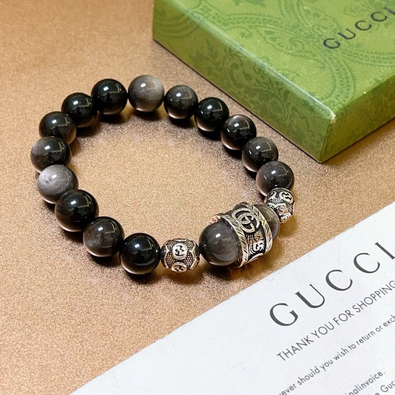 Gucci Double-G Motif Beaded Stone and Metal Bracelet 2