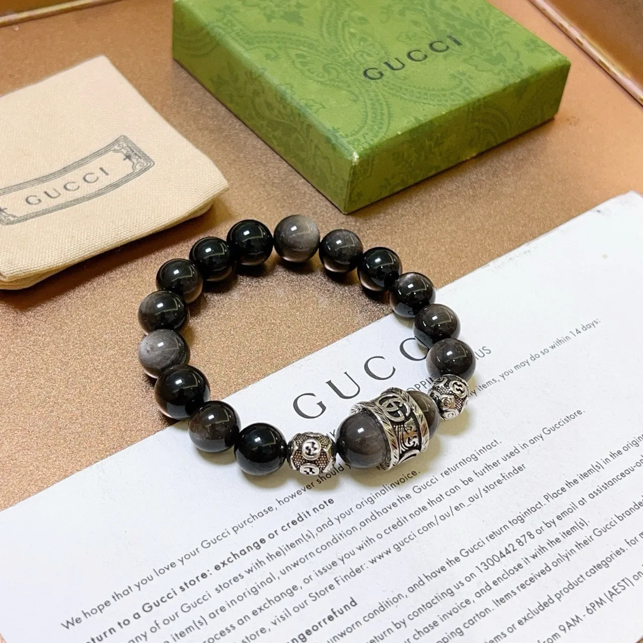 Gucci Double-G Motif Beaded Stone and Metal Bracelet 3