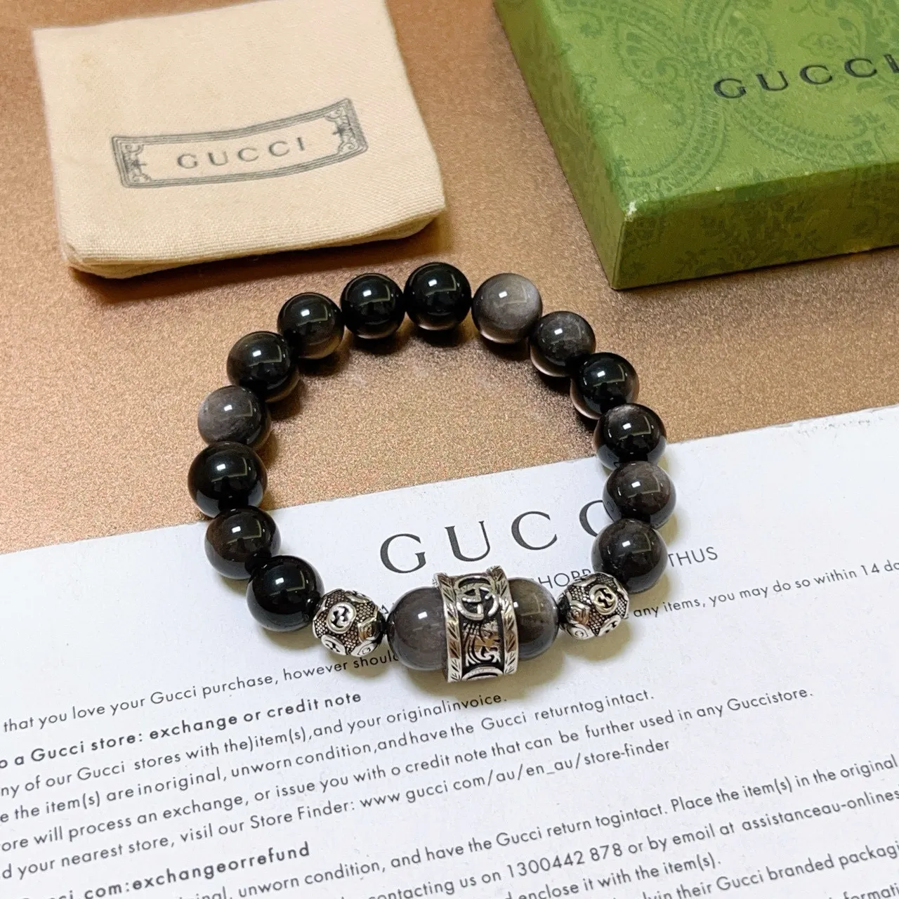 Gucci Double-G Motif Beaded Stone and Metal Bracelet 6