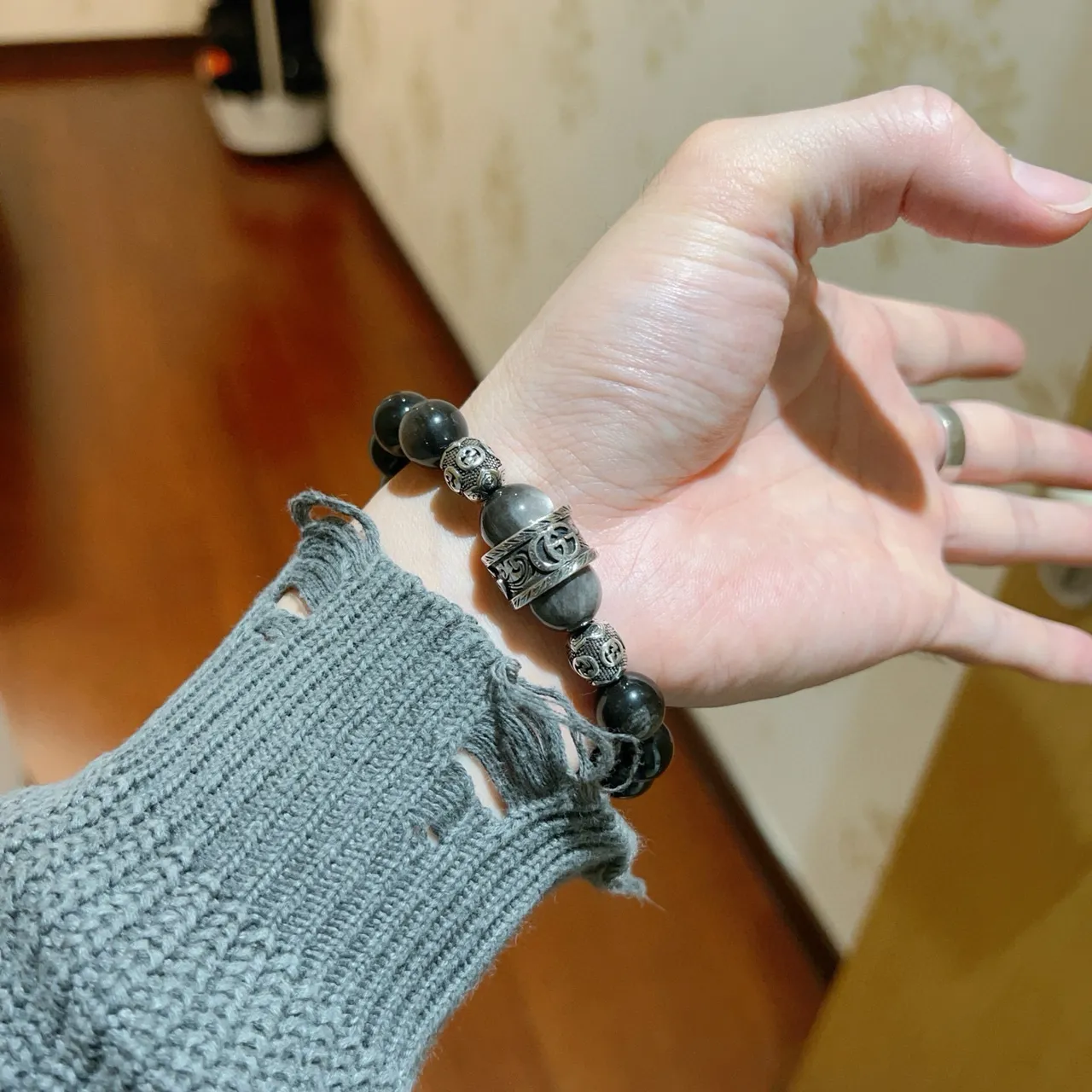 Gucci Double-G Motif Beaded Stone and Metal Bracelet 7